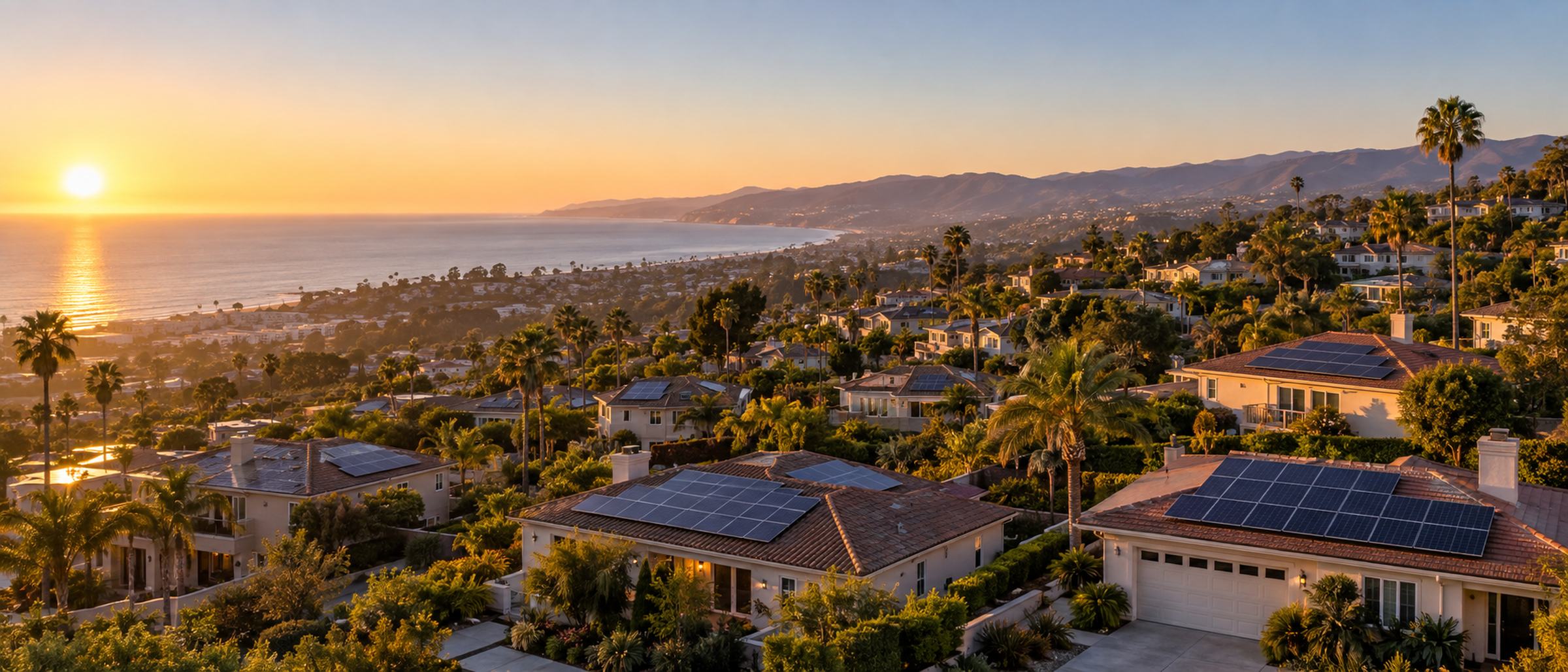 Aerial view of a Southern California hillside neighborhood at sunset, with solar panels glinting on many rooftops