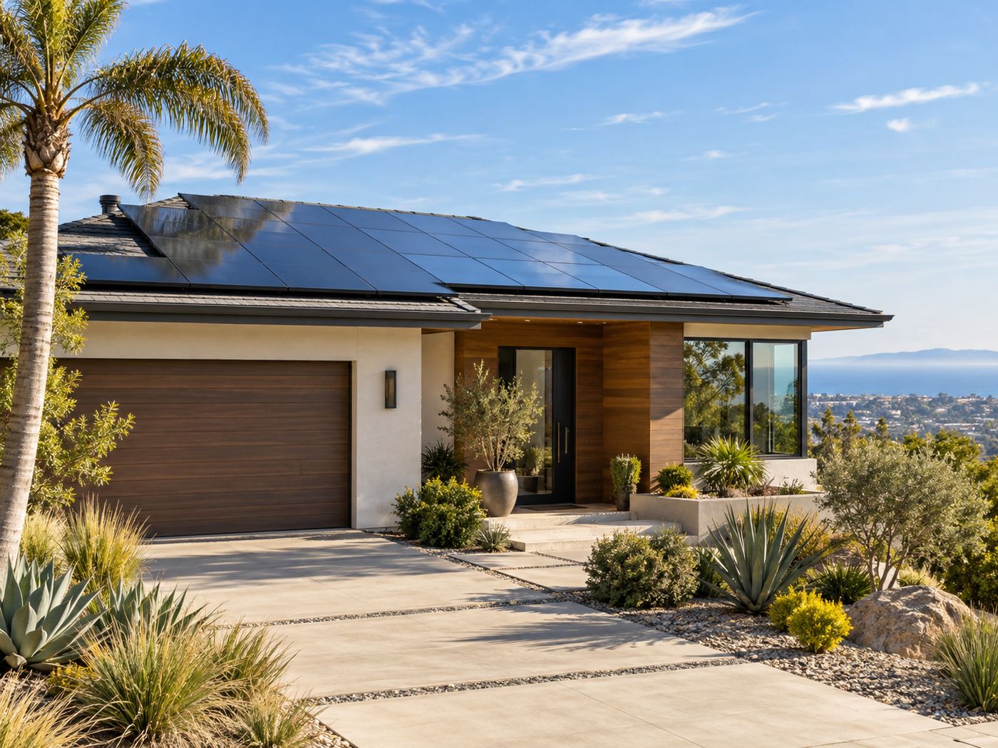 A modern Los Angeles area home with a clean solar array on its roof