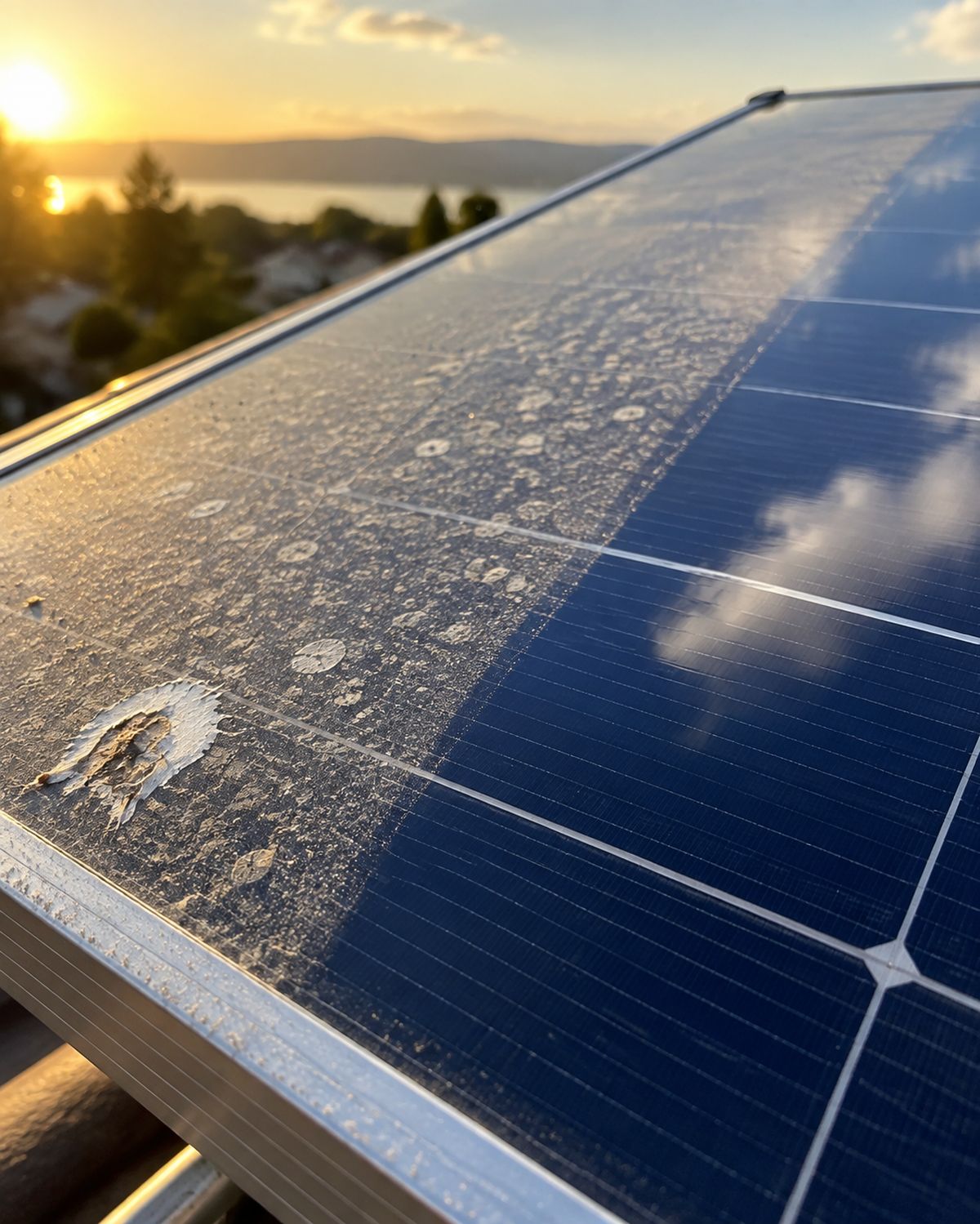 Close-up of a solar panel corner, dusty and spotted on one side and clean and glossy on the other